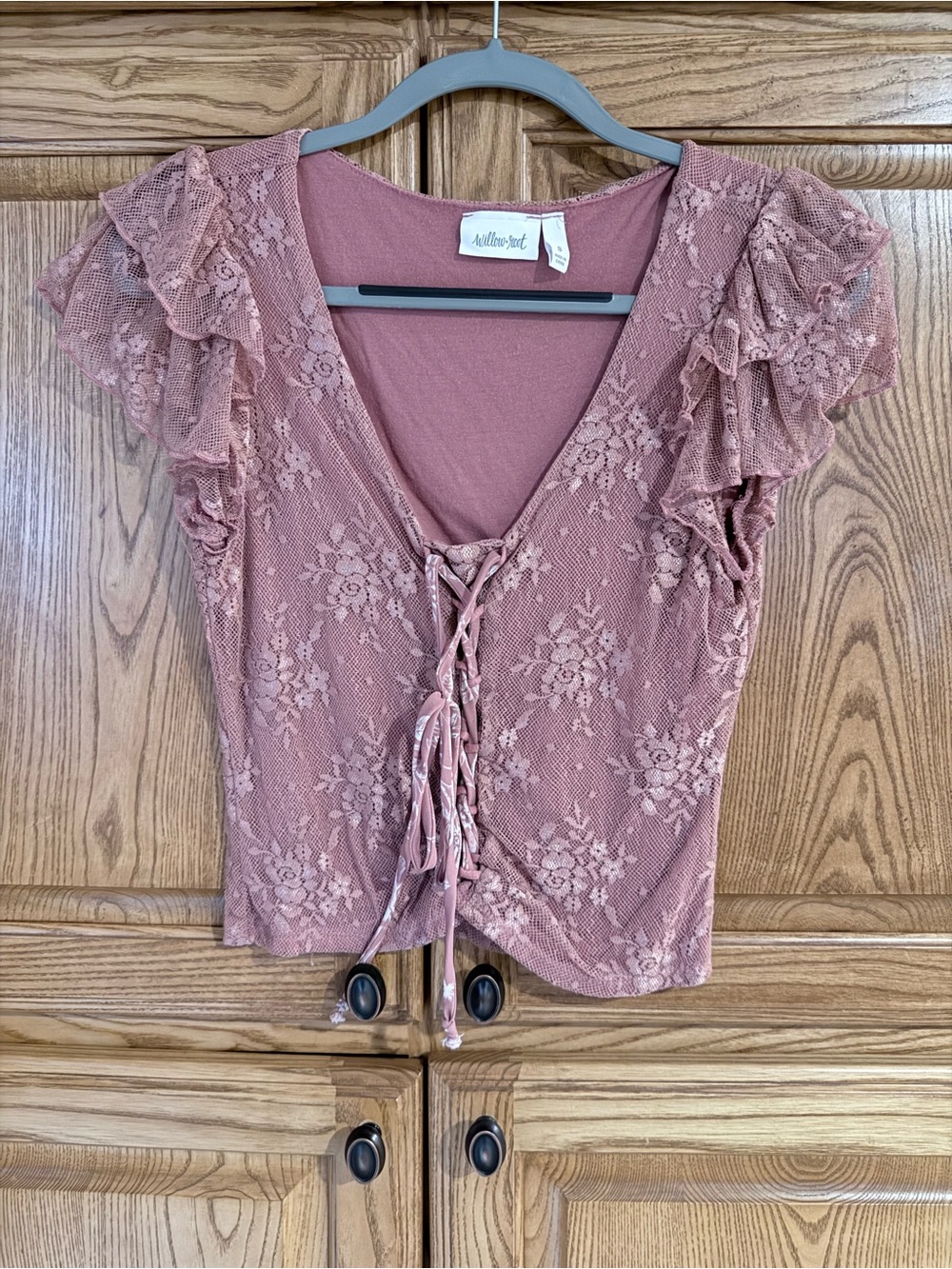 Willow Rose Lace-Up Ruffle Sleeve Top - Dusty Rose